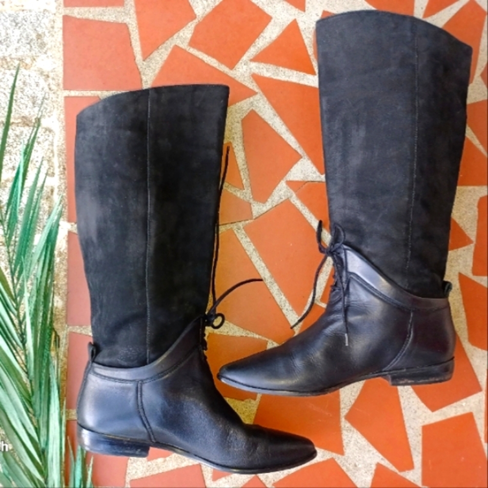 FLINGS Vintage Western Black Leather Suede Prairie Lace Up Boots Size 8.5